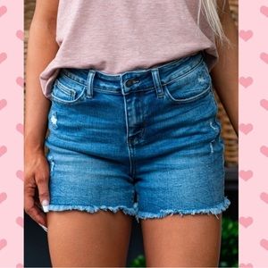 💙 NWT JUDY BLUE High Rise Dark Wash Distressed Cutoff Denim Shorts